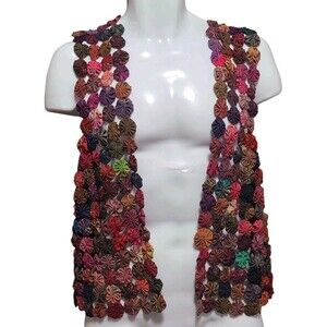 Vintage Thai Silk Vest Women's Free Size Yo-Yo Rosette Open Multicolor Bohemian